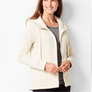 Talbots Petites Speckle Beige Long Sleeve Zip Front Hooded Sweatshirt Drawstring